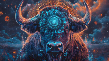 Obraz premium Neural network vision quest, holographic buffalo spirits, 4D mandala portals, quantum incense clouds, digital eclipse