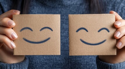 Two hands holding cardboard box with smiley faces, a symbol of care, happiness, and sharing
