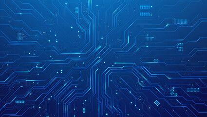 Futuristic vector illustration of a blue circuit board with intricate digital tech elements. Computer motherboard with a chip, processor, and semiconductor. Digital vector illustration