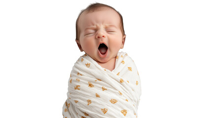A newborn baby yawns while wrapped in a blanket.