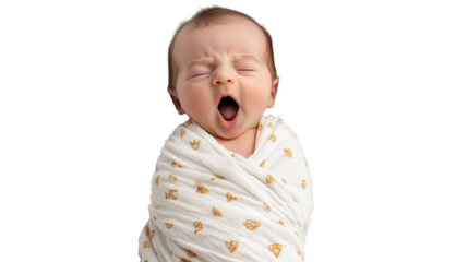 A newborn baby yawns while wrapped in a blanket.