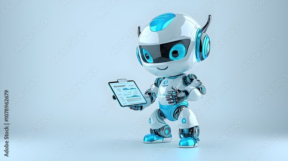 Poster 3d robot character showcasing data insights, a futuristic robot stands confidently, presenting a col