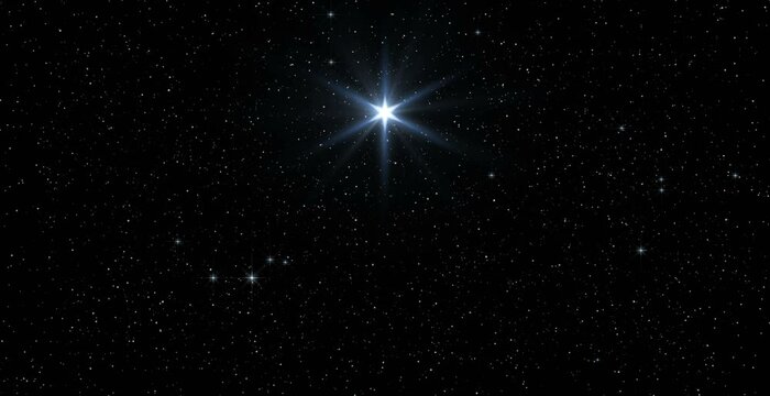 New Year's star. Christmas star. Christmas or New Year template with flashing lights on the sky.