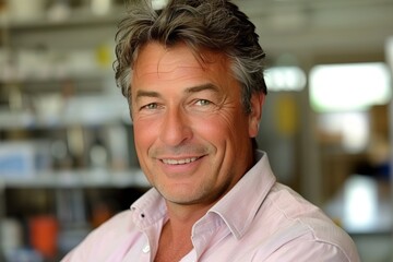 Obraz premium Portrait Of A Handsome Smiling Mature Man With Grey Hair In Pink Shirt, Confident Entrepreneur