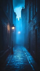 A street in the Victorian era of London, a dark and sinister alleyway at night, cobblestone streets with brick buildings