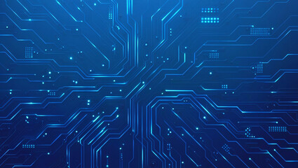 Futuristic vector illustration of a blue circuit board with intricate digital tech elements. Computer motherboard with a chip, processor, and semiconductor. Digital vector illustration
