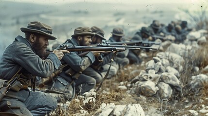 Fototapeta premium 19th Century Soldiers in Combat Uniforms on Battlefield During American Civil War