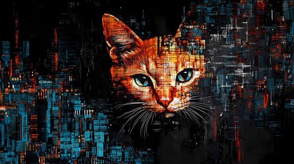Abstract neon cyberpunk cat texture with luminous geometric lines, techno elements, and a dark metallic base, creating a sleek and modern visual