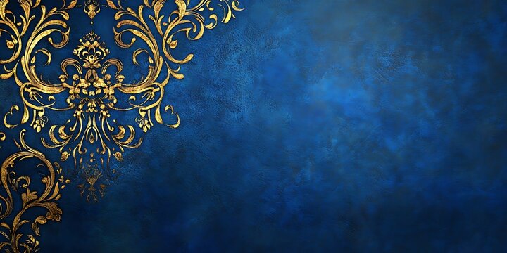 a close up of a blue and gold wall with a gold design