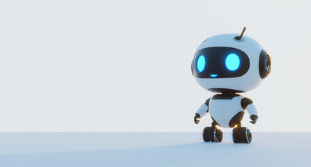 A futuristic white robot with glowing eyes stands on a light background