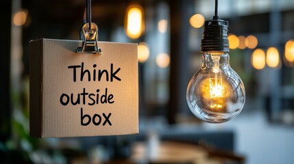 Think outside the box illuminating innovation and unconventional thinking with a hanging light bulb