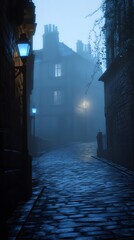 A street in the Victorian era of London, a dark and sinister alleyway at night, cobblestone streets with brick buildings