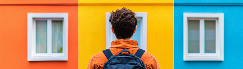 Obraz premium Everyday life concept. Exploring vibrant city apartments with colorful walls and windows