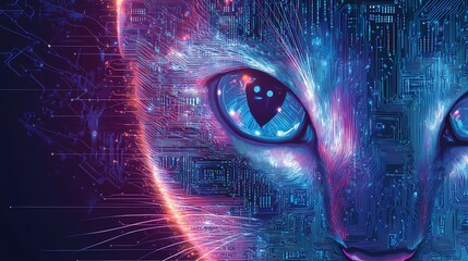 Abstract neon cyberpunk cat texture with luminous geometric lines, techno elements, and a dark metallic base, creating a sleek and modern visual