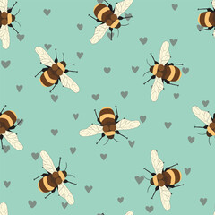 Seamless pattern with bees on floral background. Small wasp. Vector illustration. Adorable cartoon character. Template design for invitation, cards, textile, fabric. Doodle style