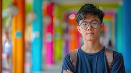 A backdrop of diverse colors illuminates an Asian student's introspective expression, marking his educational achievements
