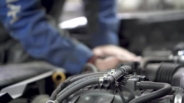 Car mechanic using wrench to repair the engine, auto service. Car mechanic at a service station repairs a car. Car repair and diagnostics Garage. Auto service.Car maintenance concept