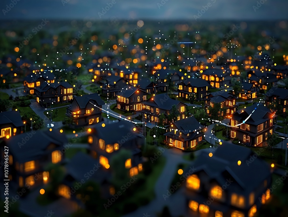 Poster futuristic neighborhood with glowing smart meters connected to a central smart grid for efficient en