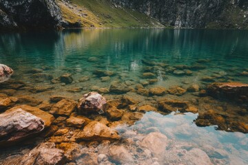 Obraz premium A serene lake with crystal clear water and smooth stones beneath the surface. The surrounding lush greenery adds to the tranquil beauty of nature. Generative AI.