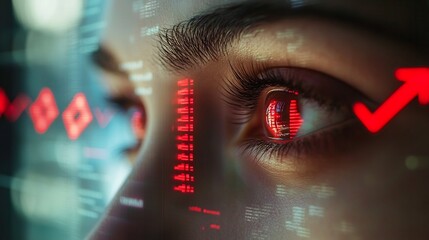 Eye Reflecting Digital Screen with Declining Red Arrows Economic Crisis Concept