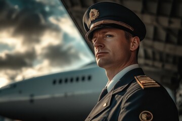Obraz premium A confident pilot stands proudly in uniform against a dramatic backdrop of clouds and an aircraft. The essence of aviation comes to life in this powerful moment. Generative AI