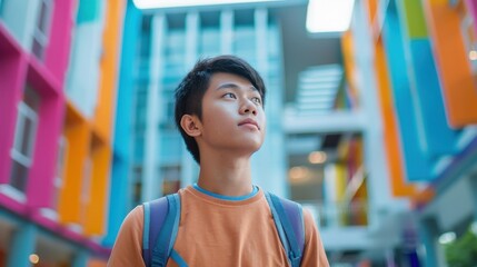 A backdrop of diverse colors illuminates an Asian student's introspective expression, marking his educational achievements