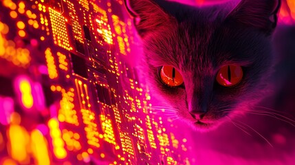 Abstract neon cyberpunk cat texture with luminous geometric lines, techno elements, and a dark metallic base, creating a sleek and modern visual