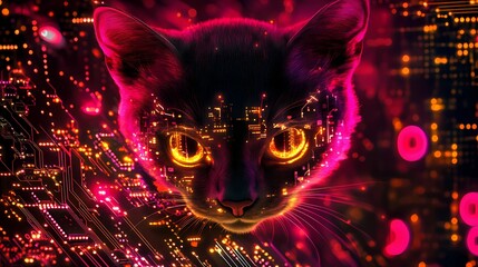 Abstract neon cyberpunk cat texture with luminous geometric lines, techno elements, and a dark metallic base, creating a sleek and modern visual