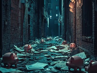 Dark Alley Filled with Discarded Financial Documents and Broken Piggy Banks Economic Crisis Aftermath