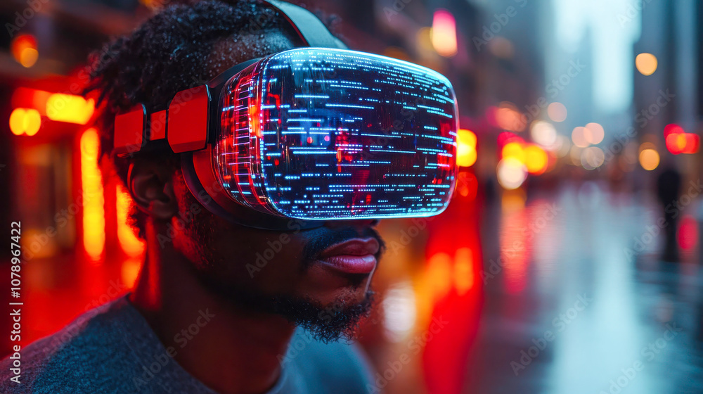 Poster close-up of a man wearing a vr headset with illuminated data graphics reflecting on the screen in a 