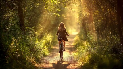 Woman Walking on Forest Path, Sunlit