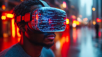 Close-up of a man wearing a VR headset with illuminated data graphics reflecting on the screen in a futuristic city setting