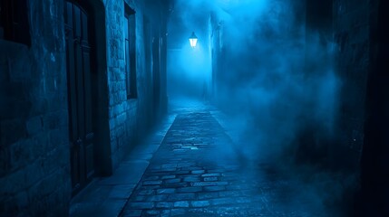 A street in the Victorian era of London, a dark and sinister alleyway at night, cobblestone streets with brick buildings