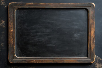 A close-up view of a textured black chalkboard with a rustic frame, ideal for writing notes or drawings