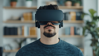 Immersive virtual reality experience with man wearing VR headset, showcasing modern technology in cozy indoor setting