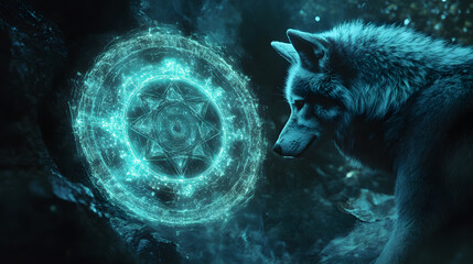 Quantum medicine wheel ceremony, neural network spirit wolves, crystalline sacred geometry portals, digital incense trails, bioluminescent ritual space