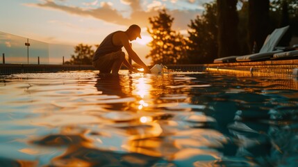 application of professional swimming pool cleaning with sunlight in the afternoon