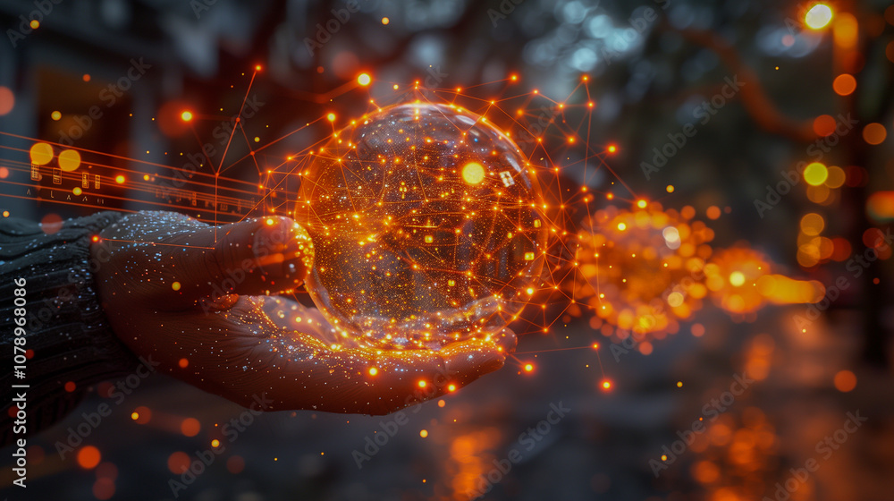 Poster hand holding a glowing digital sphere with network connections..