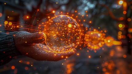 Hand Holding a Glowing Digital Sphere with Network Connections..