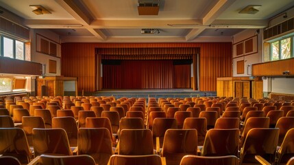 A school auditorium with neatly arranged chairs and a stage ready for a performance