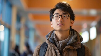A backdrop of diverse colors illuminates an Asian student's introspective expression, marking his educational achievements