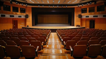A school auditorium with neatly arranged chairs and a stage ready for a performance