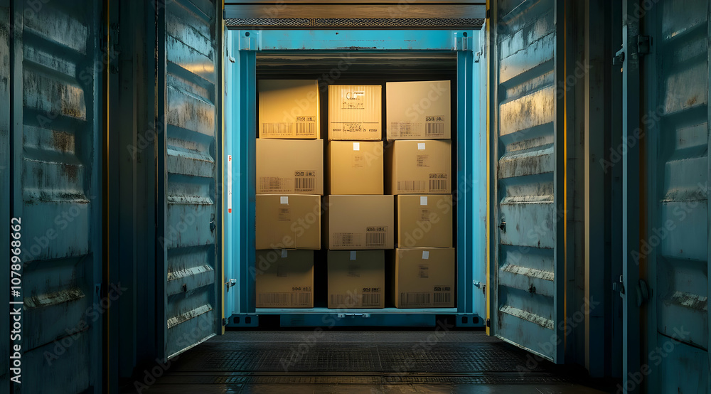Poster an open shipping container with stacked cardboard boxes, illuminated by a single light. the containe