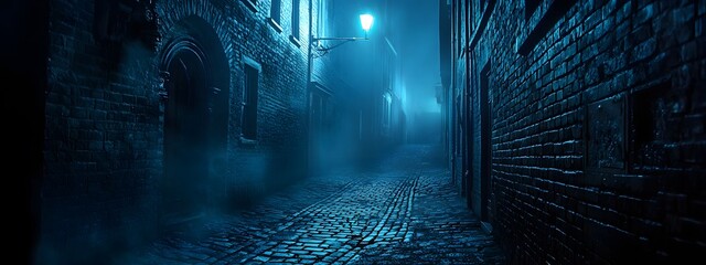A street in the Victorian era of London, a dark and sinister alleyway at night, cobblestone streets with brick buildings