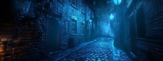 A street in the Victorian era of London, a dark and sinister alleyway at night, cobblestone streets with brick buildings