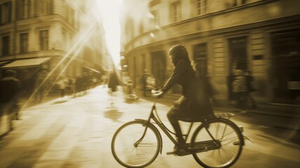 Woman Cycling Through Sunlit City Street in Sepia