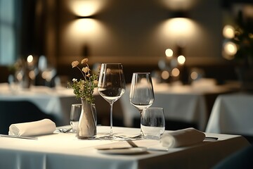 An upscale restaurant with elegant table settings, ambient lighting, and sophisticated decor for a fine dining experience.