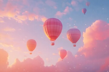 Naklejka premium aerial view of hot air balloons on the peaceful sky with clouds and sunrise in the background, representing travel, adventure, freedom and floating
