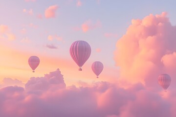 Fototapeta premium aerial view of hot air balloons on the peaceful sky with clouds and sunrise in the background, representing travel, adventure, freedom and floating