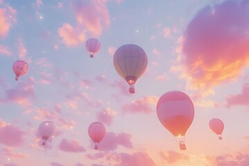 Obraz premium aerial view of hot air balloons on the peaceful sky with clouds and sunrise in the background, representing travel, adventure, freedom and floating